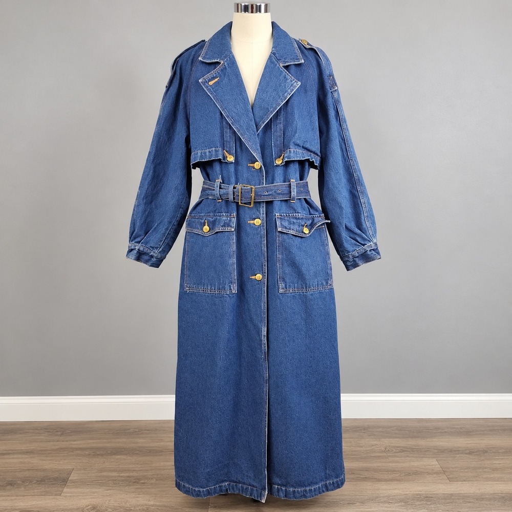 VTG 90s Together! Y2K Western Trench Denim Duster Long Jean Jacket SZ 12 Belted